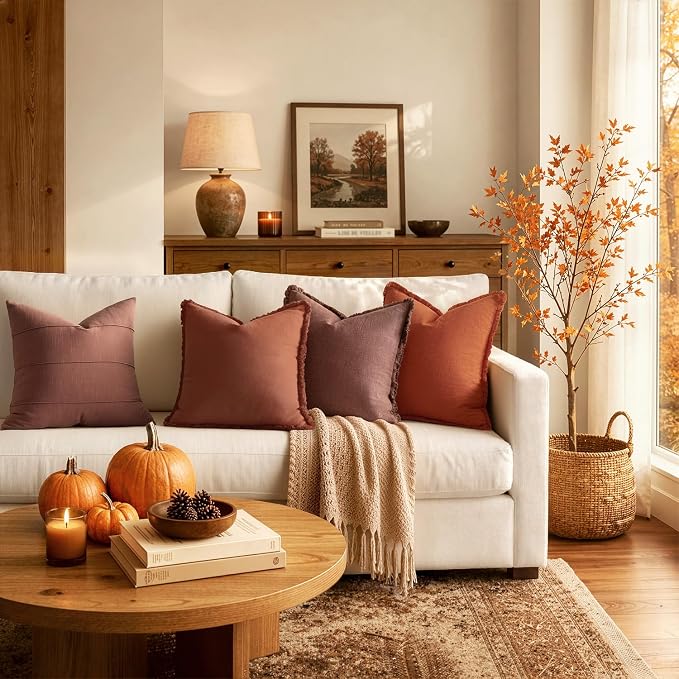 MIULEE Linen Fringe Decorative Fall Throw Pillow Covers Late Autumn 18x18 | Set of 2, Cottagecore Decor, Boho Farmhouse Neutral Pillow Covers, Rustic Fall Couch Cushion Cases for Sofa Bed Living Room