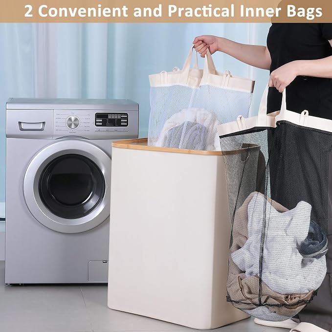 IEGrow Laundry Hamper with Lid,150L Laundry Basket with 2 Mesh Bags,Beige | Dirty Clothes Hamper Basket with Bamboo Handle for Clothes Towels