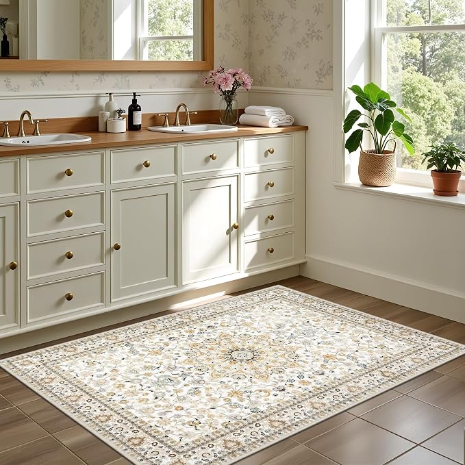 2x3 Area Rugs Living Room: Washable Vintage Rug for Bedroom Beige | Boho No Slip Stain Resistant Rug Soft Indoor Decor Floor Floral 2x3 Area Rugs for Dining Room, Nursery, Hallway, Home Office