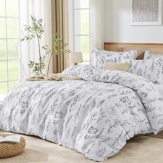 MUXHOMO Duvet Cover Full Size, Reversible Floral White Duvet Cover Set with Zipper Closure, 3 Pieces Botanical Patterns Soft Microfiber Bedding Set with 4 Ties