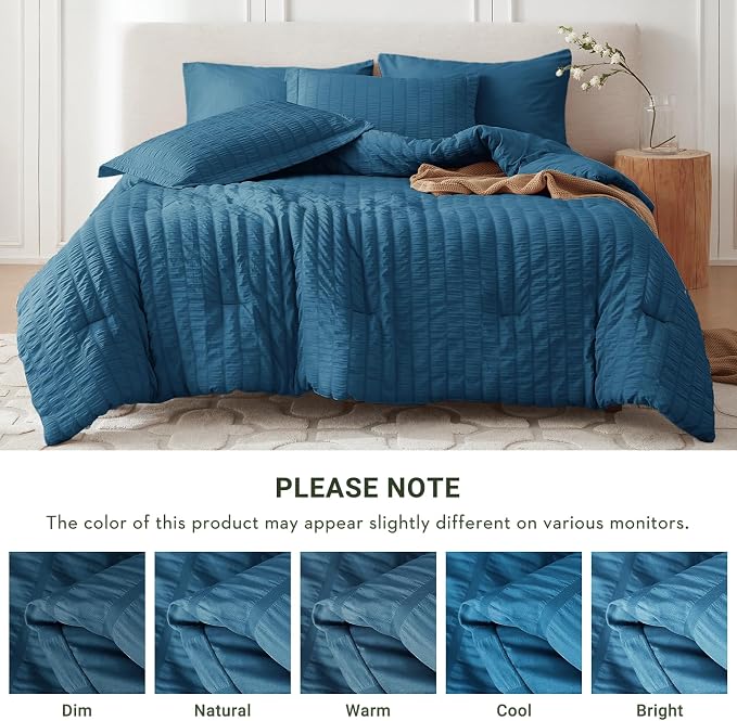 5 Pieces Twin Comforter Set, Seersucker Bed in a Bag Twin Size, All Season Luxury Bedding Set with Comforter, Flat Sheet, Fitted Sheet, Pillowcase & Sham, Teal