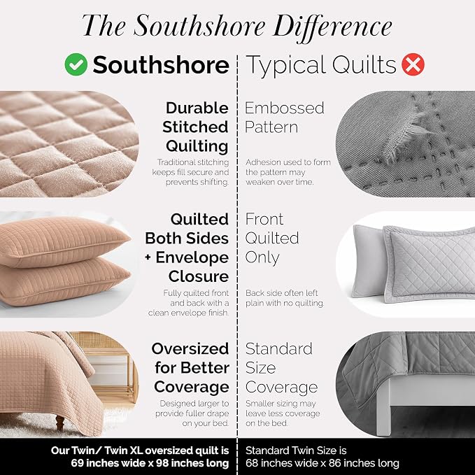 Southshore Fine Living, Inc. Twin Quilt Bedding Set, Stitched Soft Brushed Microfiber Blush Pink Quilt, Twin Coverlet Bedspread, Wrinkle & Pet Hair Resistant Bedding, Easy Care, 1 Pillow Sham, Blush