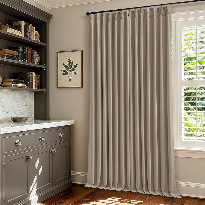 TWODRAPES Dark Flax Pleated Blackout Burlap 126 Inch Long Linen Curtains | Pinch Pleat, Neutral Light Taupe, Double Layer 100% Black Out Curtains, Soundproof, Cottagecore Window Drapes 2 Panels