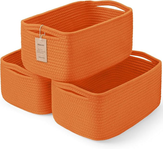 3 Pack Storage Baskets for Organizing, 13.7×9.5×6.3", Orange | Woven Baskets for Shelves, Cotton Rope Basket for Gifts Empty, Closet Organizer Bins with Handles, Cube Decorative Box