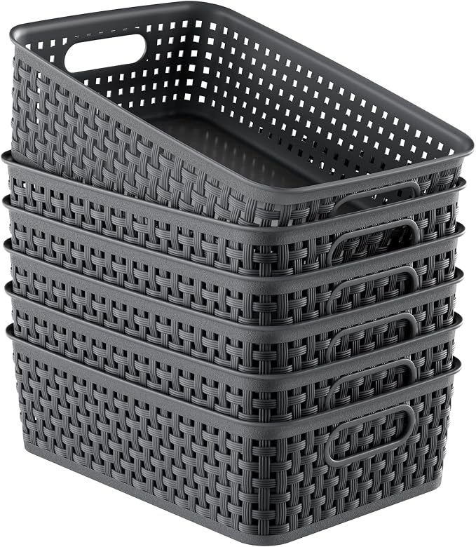 FUCDTEFC Black Plastic Basket, 8 Pack Home Organization and Storage Baskets with Handles, Space Saving Woven Organizer Bins Plastic Storage Basket for Organizing Cabinets,Closets, Shelves, Countertops | Space Saving, Woven Organizer, Plastic Bins, Stor...