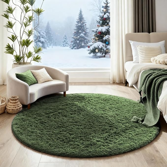 Ophanie Round Rug 4Ft Grey Green Circle Area Rug, Grayish Green Room Decor, Fluffy Fuzzy Bedroom Carpet, Plush Soft Shaggy Living Room Rugs for Kids Home Aesthetic, Nursery with 99 pcs Pile fibers