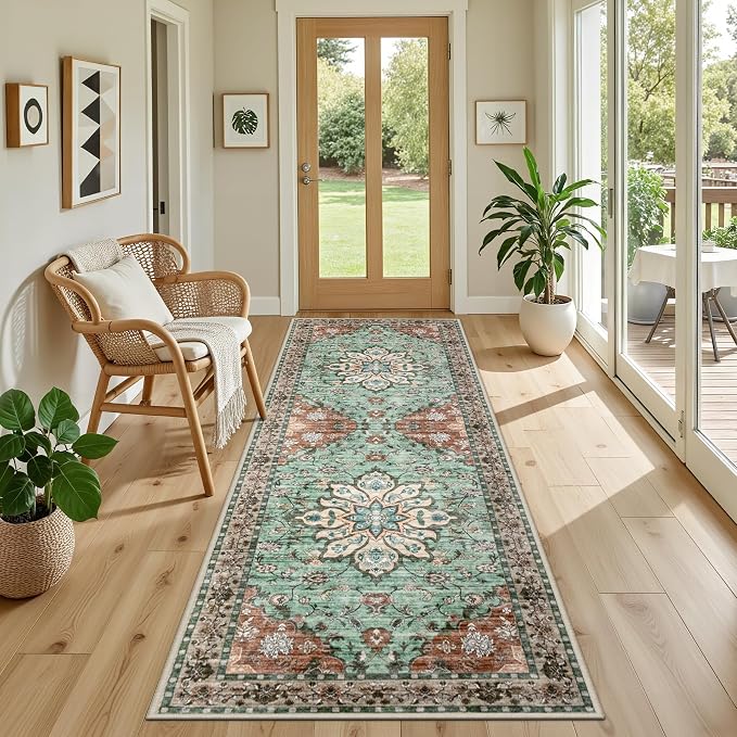 Hallway Runner Rug: 2.6x8 Kitchen Rugs for Living Room Brown Green | Runner Rug Hallway Washable Rug No Slip Soft Bedroom Rug Indoor Floor Stain Resistant Carpets for Entryway, Laundry, Bathroom