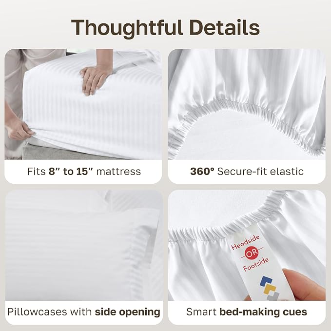 California Design Den 100% Cotton Sateen Twin Bedding Sheets Set, 3 Pcs | 400 Thread Count Backed by Good Housekeeping Seal, All-Around Elastic, Durable, Easy Care, OEKO-TEX certified - Striped White