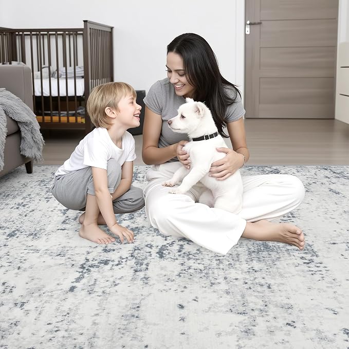 2.6x10 Washable Runner Rug:Modern Abstract Soft Carpet Blue Grey | For Hallway, Bedroom, Kitchen, Laundry, Bathroom,Door Mat,Modern Abstract,Machine washable,Non-Slip,Stain Resistant,Indoor