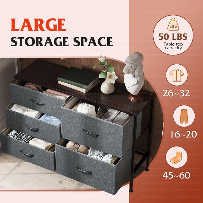 WLIVE 5 Drawer Fabric Dresser for Bedroom, Wide Storage Chest, Dark Grey | 5-drawer wide fabric dresser with steel frame, multipurpose bedroom living room hallway dorm closet storage organizer