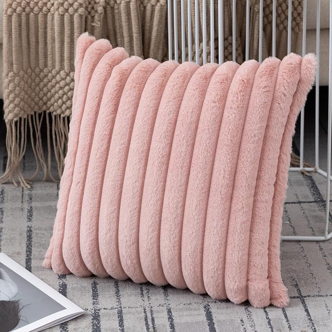 ZLINA Baby Pink Striped Faux Fur Throw Pillow Covers 26 x 26 Inch | 2‑Pack, boho striped pillow covers,velvet back,fuzzy plush cushion covers , for sofa bed livingroom home decor
