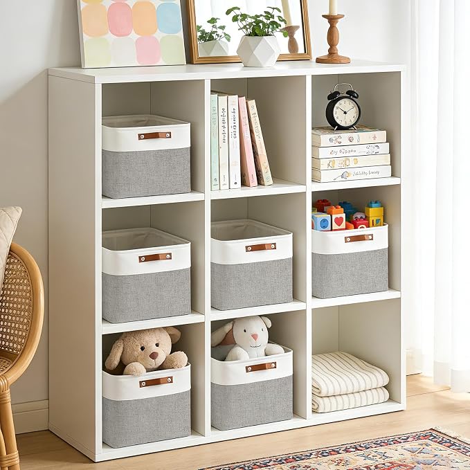 Collapsible Fabric Storage Cubes 11x11 Cube Storage Bins, 4 Pack Closet Baskets Box with Handles for Organizing, Shelf, Toys, Clothes, Home, Office, Nursery (Grey&White)