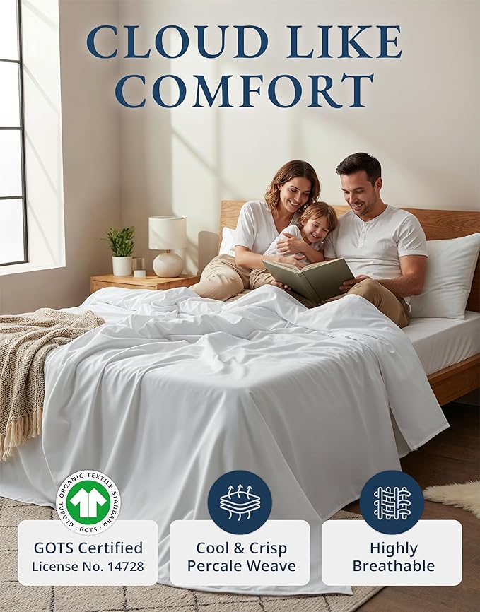 LANE LINEN California King Sheets 100% Organic Cotton 4pc Percale - White | Cal King Sheets In GOTS Certified Organic Cotton Percale - Cool All Summer, Cozy All Winter, Crisp Hotel-Style Feel