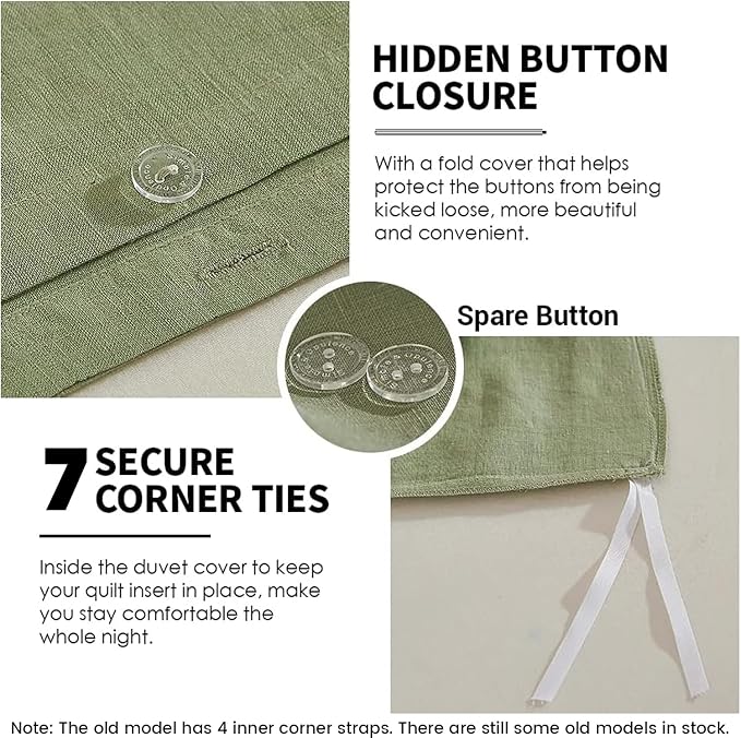 Simple&Opulence 100% Linen Duvet Cover Set 3pcs Basic Style Natural French Washed Flax Solid Color Soft Breathable Farmhouse Bedding with Button Closure - Sage Green, Queen
