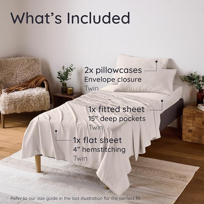 Bambaw 100% Viscose Derived from Bamboo Twin Size Sheets Set – 4-Piece Cooling Twin Sheets Set, Lightweight, Silky Soft & Breathable, Helps Keep You Cool & Dry All Night (Sand)