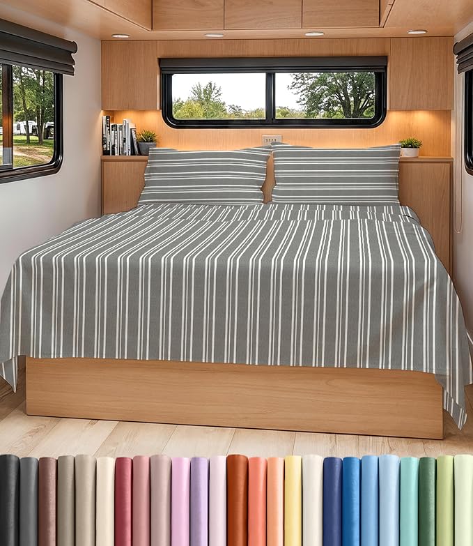 Short Queen Size 4 Piece Bed Sheet Set - RV Short Queen - Grey Stripes | Ultra-Soft, Breathable & Cooling Bed Sheets Set with Deep Pockets, Hotel Luxury Bedding for Women & Men, Wrinkle & Fade Free