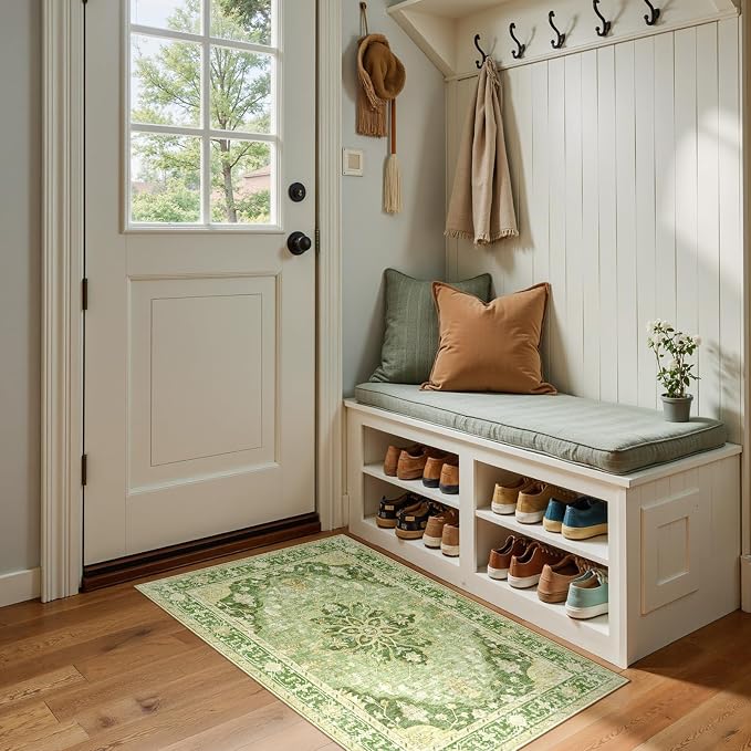 RELEANY Washable Area Rug, Small 2'x4', Green/Yellow | Non-Slip, Water Repellent, Pet Friendly, Easy to Clean, Vintage Floral Boho Decor for Kitchen Entryway Bathroom