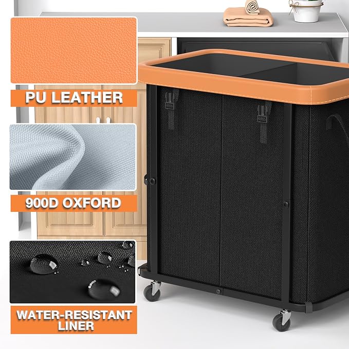 Laundry Basket with Wheels,190L Leather Patchwork Laundry Hamper 2 Setion | Sturdy Metal Frame, Removable Washable Bag, Tall Clothes Sorter for Bedroom - Black