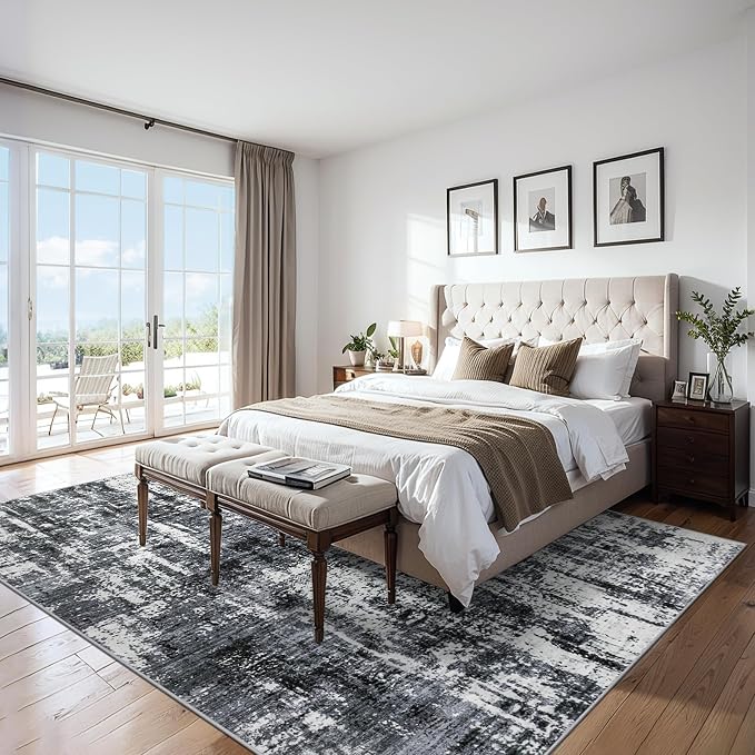 PLHXFR 9x12 Area Rug Living Room: Modern Abstract Washable Carpet Black | For Bedroom Dining Room Farmhouse Nursery Home,Machine washable,Non Slip,Large Soft Neutral,Stain Resistant, Indoor Floor