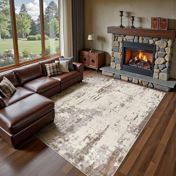 UERMEI 9x12 Washable Area Rug - Neutral Modern Abstract Living Room Rugs, Non-Slip Soft Large Indoor Floor Carpet for Bedroom Home Office & Under Dining Table Decor, Brown/Grey/Beige