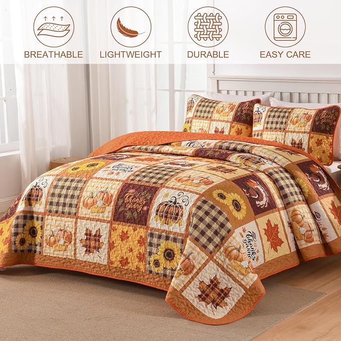 Fall Patchwork Quilt Set King, Thanksgiving Pumpkin Maple Leaves Bedding | Orange Brown Autumn Bedspread Sunflower Pattern, Soft Microfiber Coverlet Thanksgiving Day Gift with 2 Pillowcases
