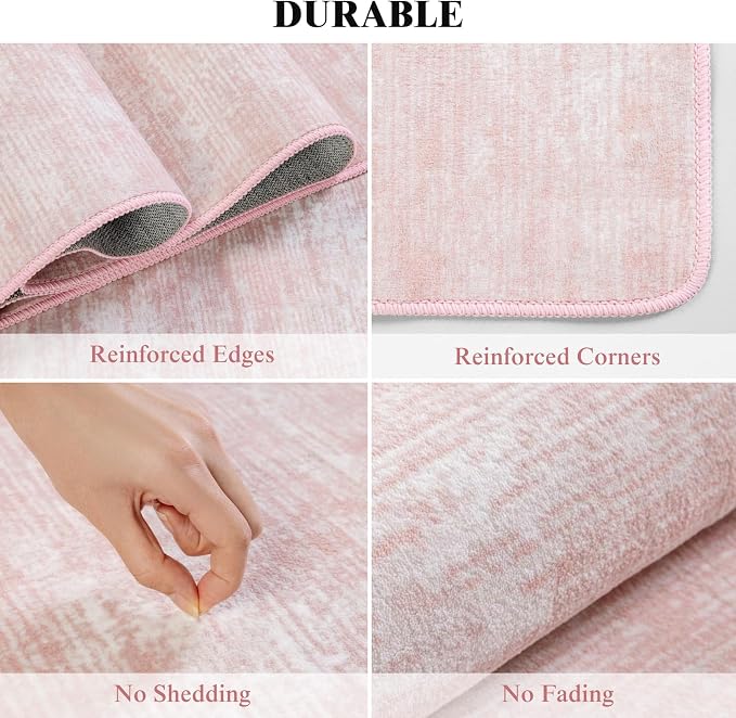 8x10 Washable Area Rug, Pink Solid Area Rugs for Living Room & Bedroom | Stain-resistant & Non-slip backing,Low Pile Washable Large Carpet, Solid Vintage Style For High Traffic Areas(8x10,Pink)