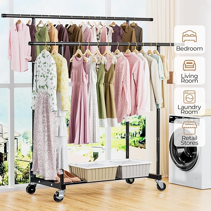 Abiglifty Double Rods Clothes Rack for Hanging Clothes | Clothing Rack with Wheels, Portable Closet Organizer for Laundry, Room (Black）