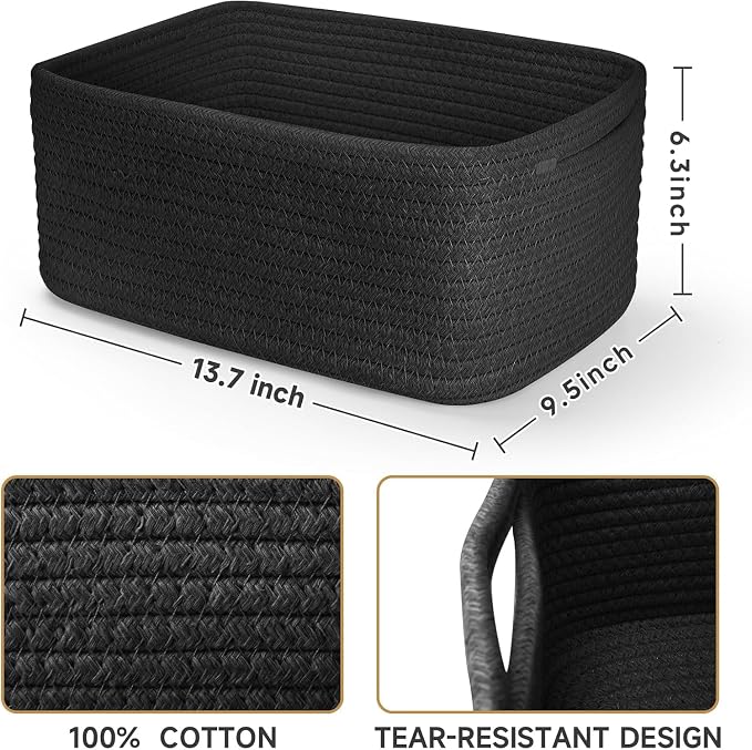 3 Pack Storage Baskets for Organizing, 13.7×9.5×6.3", Black | Woven Baskets for Shelves, Cotton Rope Basket for Gifts Empty, Closet Organizer Bins with Handles, Cube Decorative Box