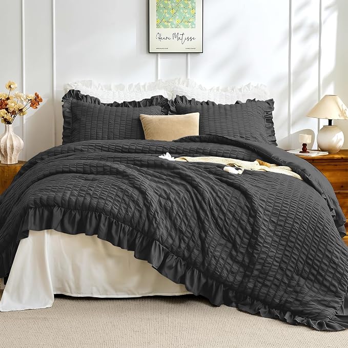 JOLLYVOGUE Black Twin/Twin XL Comforter Set, 2 Pieces Seersucker Lightweight Fluffy Bedding Set, Twin Ruffle Comforter, All Season Soft Microfiber Shabby Chic Bed Set