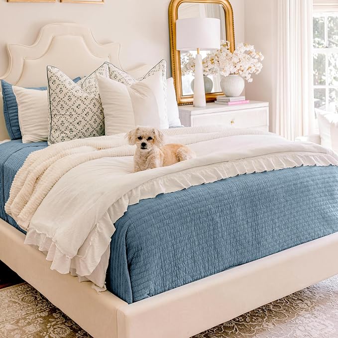 x Kinsey Walsh 100% Cotton Cross Stitch Quilt, King, Dusty Blue | 100% Cotton, Elegant Cross Stitch, Soft & Breathable, Prewashed Softness, Oversized Design, OEKO-TEX® Certified