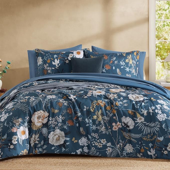 Oversized Queen Comforter Set - 7 Pieces Bed in a Bag Queen Floral Bedding | Blue Botanical Flowers Comforter Set with Sheets, Pillowcases & Shams for All Seasons