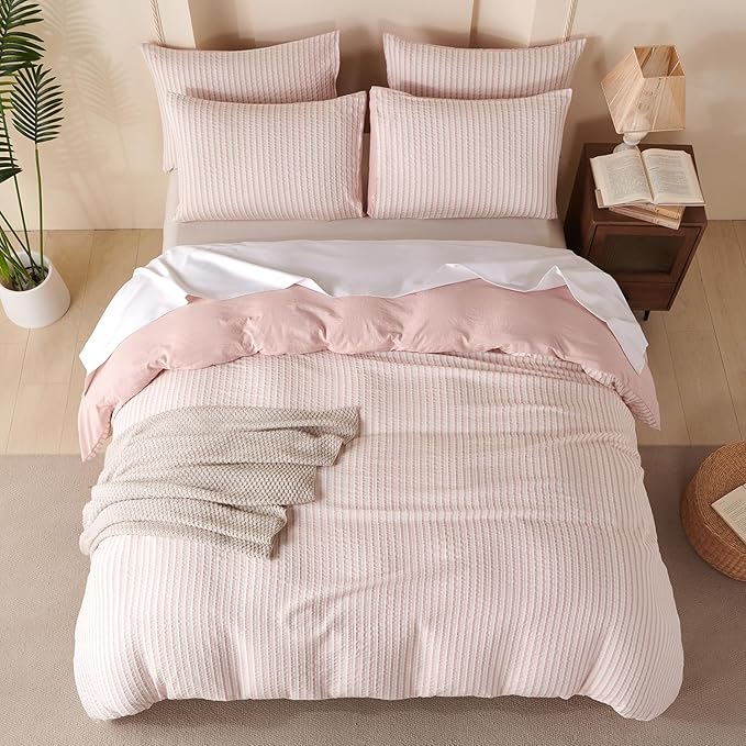 Comforter King Set Pink Striped Soft Luxury Washed Microfiber Jacquard 3 Pieces Bedding, White Pink Vertical Ticking Stripes Pattern Comforter with 2 Pillowcases Breathable Durable Comfy