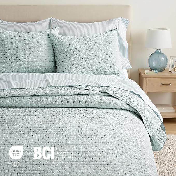 100% Cotton Cross Stitch 3-Piece Quilt Set, Queen, Seafoam Aqua | 100% Cotton, Elegant Cross Stitch, Soft & Breathable, Prewashed Softness, Oversized Design, OEKO-TEX® Certified