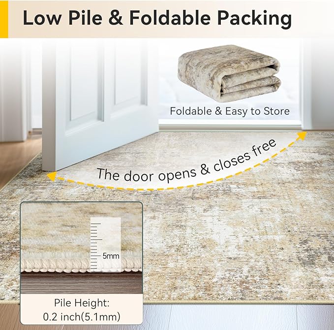 RELEANY Washable Round 4ft Area Rug for Living Room Neutral Brown | Carpet for Bedroom, Kitchen, Office, Hallway and Entryway, Printed Pattern, Non‑Slip, Soft, Stain‑Resistant, Easy to Clean
