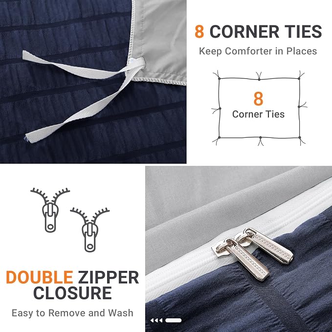 HYMOKEGE Navy Blue/Light Grey Duvet Cover King Size, Ultra Soft 3-Piece Seersucker Duvet Cover Set with Zipper Closure, Soft Brushed Microfiber Bedding Set with 8 Corner Ties (104"x90", 2 Pillowshams)