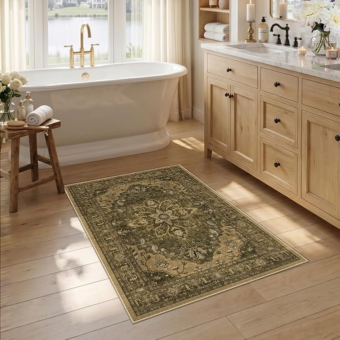 RELEANY Washable Area Rug, Small 2'6"x4', Brown/Dark Brown | Non-Slip, Water Repellent, Pet Friendly, Easy to Clean, Vintage Floral Boho Decor for Kitchen Entryway Bathroom