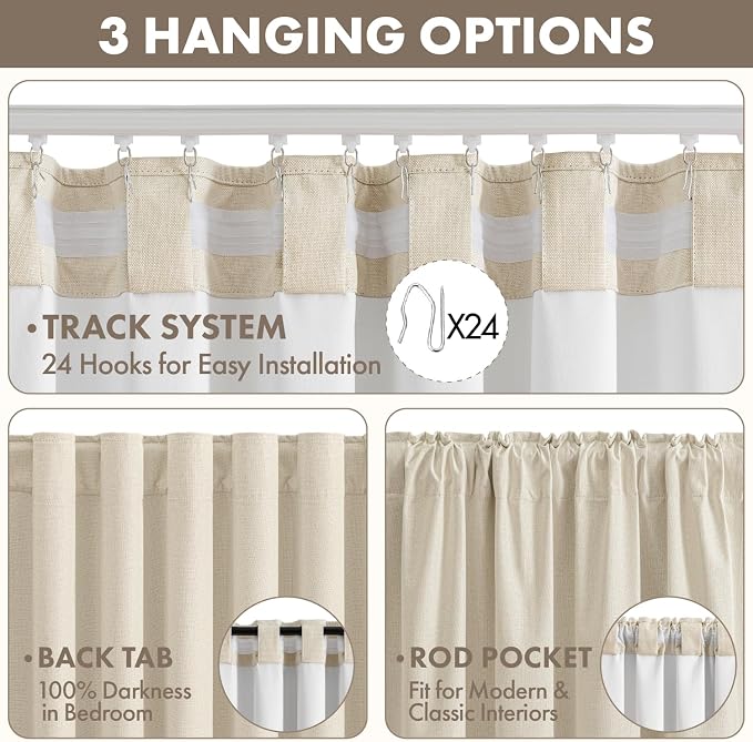 MIULEE 100% Blackout Linen Curtains for Bedroom 40W x 108L Cream Beige | 2 Panels, 108 inches Long, Thermal Insulated, Room Darkening, Black Out Drapes for Living Room, Back Tab Rod Pocket