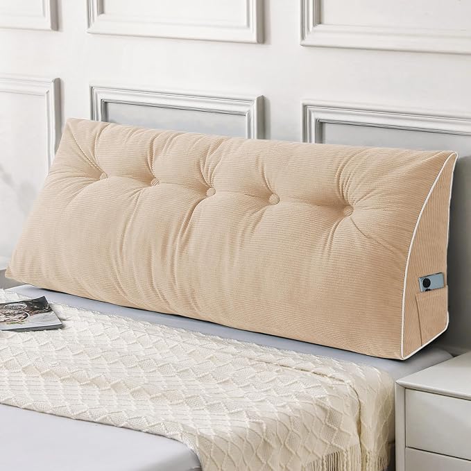 Sasttie Headboard Pillow Full, Wedge Pillow Headboard, Beige | Triangle Backrest Cushion for Sitting or Reading in Bed, Dorm Essentials, OEKO-TEX, Down Alternative Fill, Side Pockets