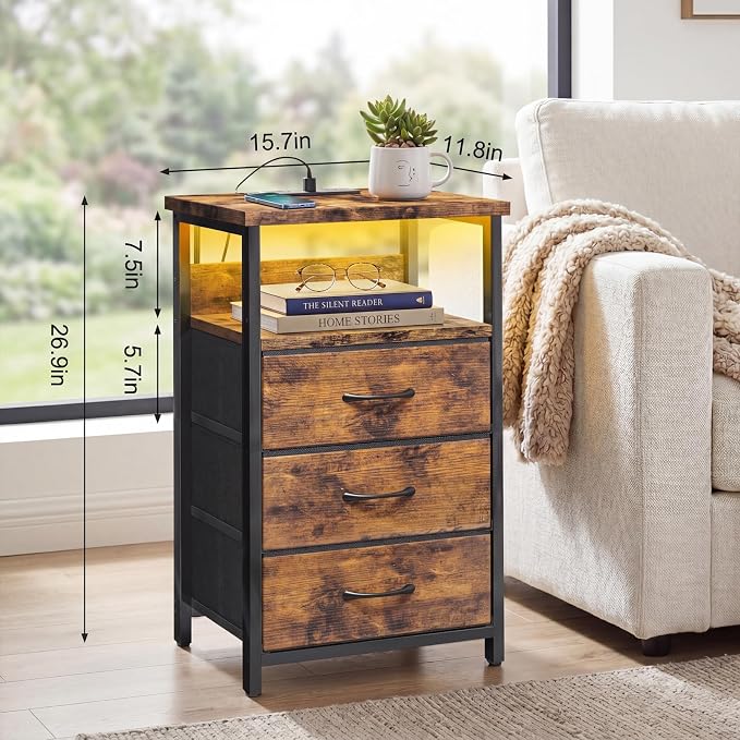 Fixwal Night Stand with 3 Fabric Drawers, Nightstand with Charging Station | rustic brown, led lights, built-in bedside charger, 2 AC outlets & 2 usb ports, 2 wooden shelves, bedroom furniture