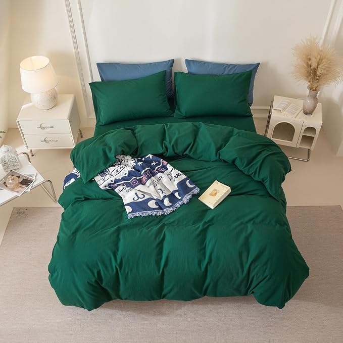 BDEAR 3Pcs Forest Green Duvet Cover Set King Size 104" W x 90" L,Oeko TEX | 100% Washed Cotton, 1 Duvet Cover with 2 Pillowcases, Zipper Closure, 8 Corner Ties,Linen-Liked Texture, Skin Friendly