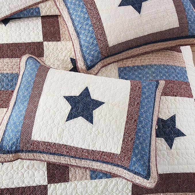 VISIMISI Cotton Bedding Quilt Sets 3 Pieces Reversible Coverlet Sets All Season Boys Real Patchwork Bedspread,Star Pattern,Queen Size | Breathable material