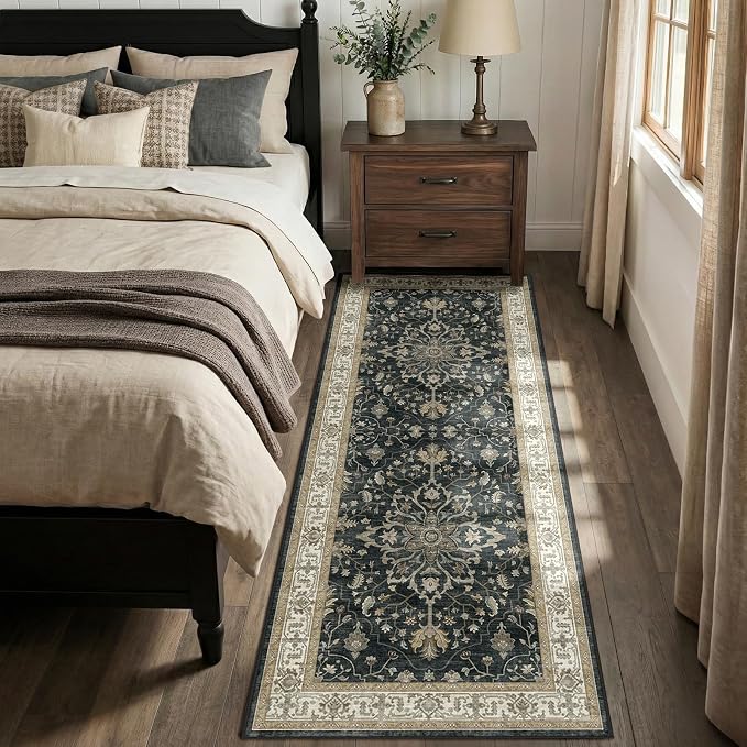 RELEANY Washable Area Rug, Runner 2'x6', Black/Vintage/Beige | Non-Slip, Water Repellent, Pet Friendly, Easy to Clean, Vintage Floral Boho Decor for Kitchen Entry Bedroom Bedside Laundry