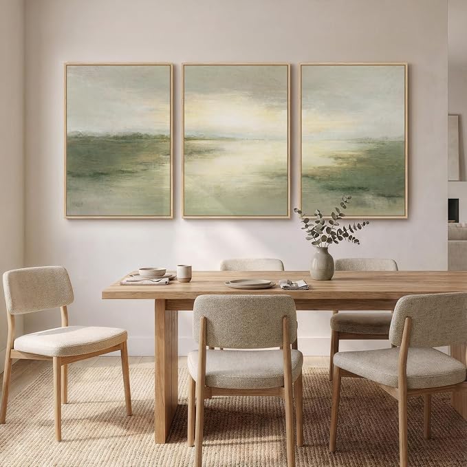 Large Framed Sage Green Landscape Abstract Wall Art, Set of 3 Each 20x30 In | Green nature painting, Canvas prints, Wood frame, Lake picture, Modern rustic artwork, Wall decor for living room dining room