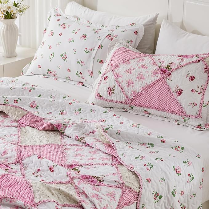 King Size Quilt Set Pink Floral Patchwork Quilted Bedspreads Coverlet Set | VIVILINEN 3-Piece Floral Reversible Stitched Quilt Bedding Set Lightweight Comforter Bed Cover Blanket with 2 Pillow Shams