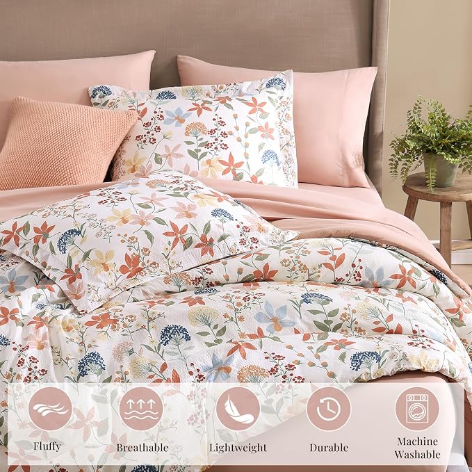 Queen Comforter Set - 7 Pieces Soft Floral Bed in a Bag Queen Bedding Sets | Clay Pink Botanical Flowers Comforter Set with Sheets, Pillowcases & Shams for All Seasons