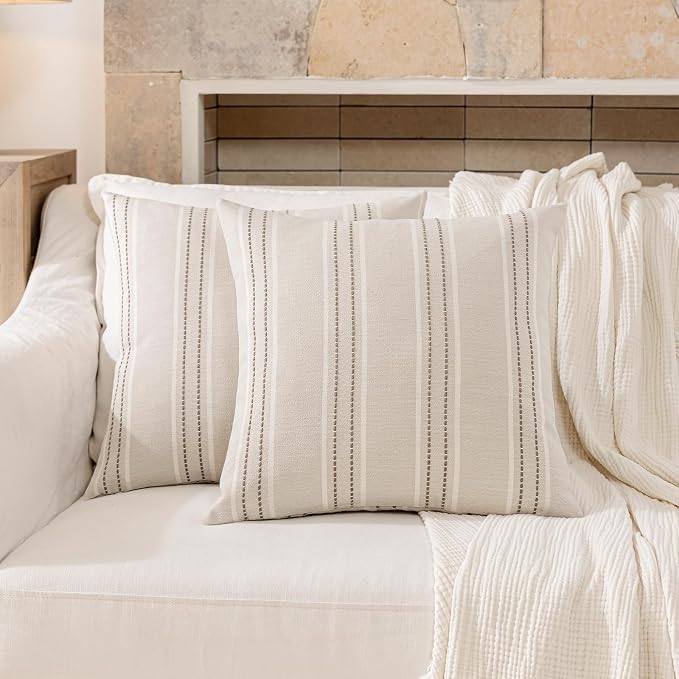 Hckot Striped Throw Pillow Covers 24x24 Set of 2 Taupe Pillow Covers | Farmhouse Decorative Pillows Textured Linen Square Cushion Covers for Sofa Couch Bed Living Room Decor(Taupe)