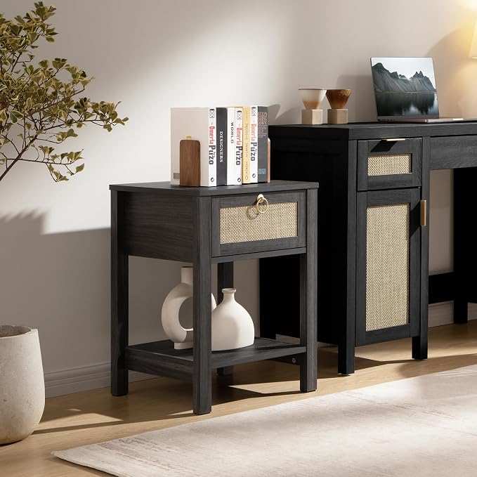 SICOTAS Rattan Nightstand with Storage Shelf, Boho Bedside Table End Table | Night Stand with Rattan Drawer, Boho End Table with Storage for Bedroom, Apartment, Guest Room, Small Spaces, and Dorm Rooms