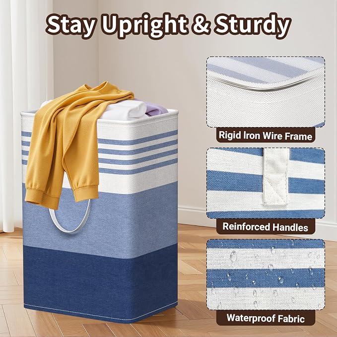 WOWBOX 2 Pack Laundry Baskets, Collapsible Dirty Clothes Laundry Hampers | with Reinforced Handles, Waterproof Coating, 2 Pack for Clean & Dirty Clothes, for Bedroom, Bathroom, Dorm (75L Blue)