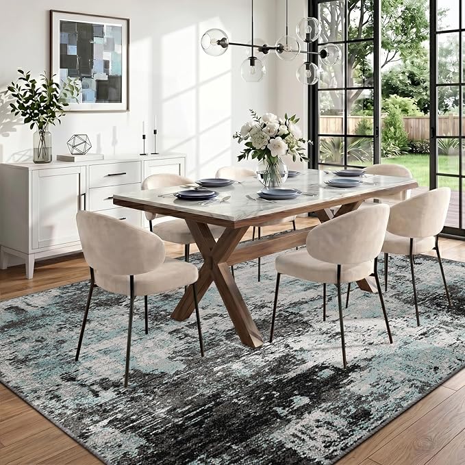 RELEANY Washable 10'x14' Abstract Area Rug for Living Room Teal Black | Carpet for Bedroom, Kitchen, Office, Hallway and Entryway, Printed Pattern, Non‑Slip, Soft, Stain‑Resistant, Easy to Clean