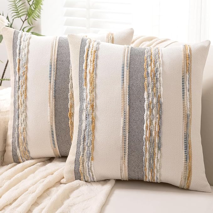 Boho Throw Pillow Covers Decorative Neutral Farmhouse Pillow case | 18x18 Set of 2 Cushion Case Striped Square Pillows Cover Couch Pillow Cases Accent Pillowcase for Sofa Bed,Orange Gray